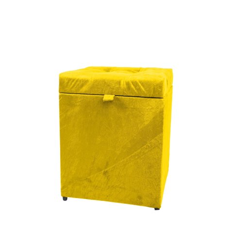 Puff Baú Estofado em Suede Amassado 1 Lugar Quadrado - Amarelo