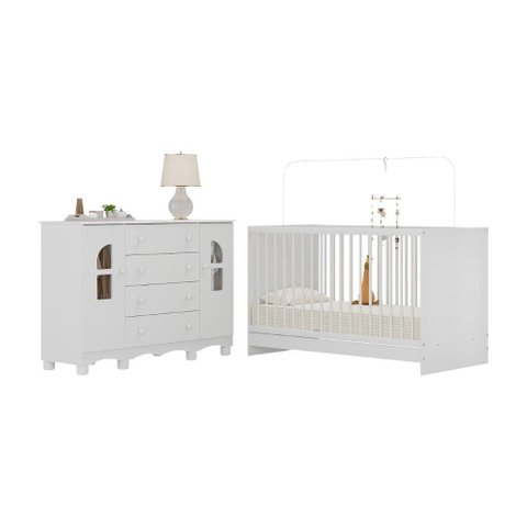 Berço 3 em 1 para Colchão 130x60cm com Cômoda 2 Portas 4 Gavetas Aurora Multimóveis Mp4766