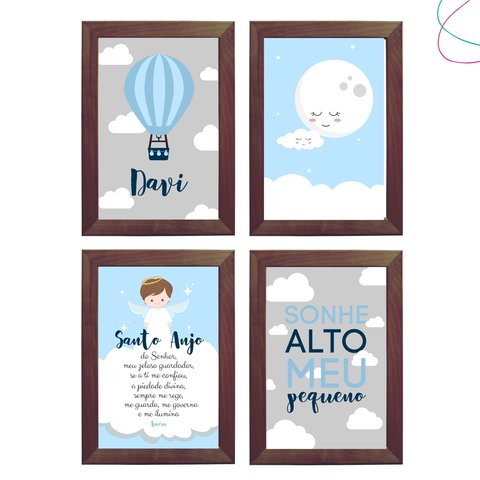 4 Quadros Decoração Quarto Menino Nuvem e Balão Santo Anjo:tabaco