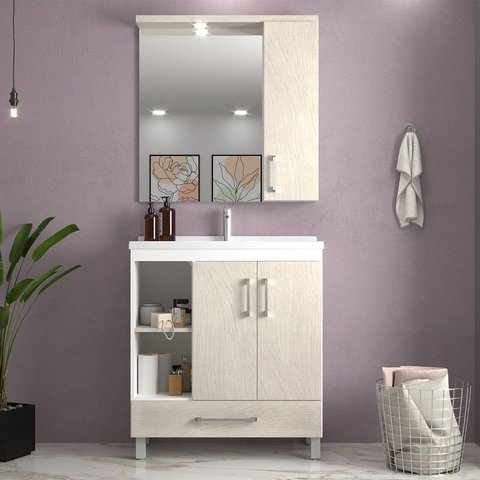 Gabinete de Banheiro 80cm com Lavatório e Armário Ref 680 Cewal - Branco/arenito