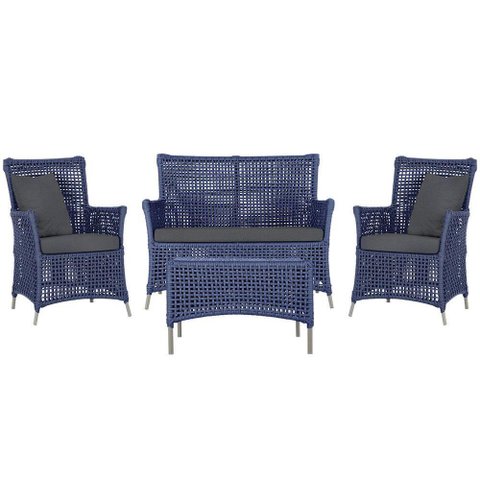 Jogo Sofá 2 Poltronas e Mesa Igapó Fendi E11 Trama Original Azul