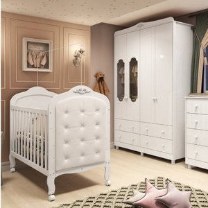Quarto de Bebê com Guarda Roupa Janelado e Berço com Capitonê Maya Provençal Espresso Móveis