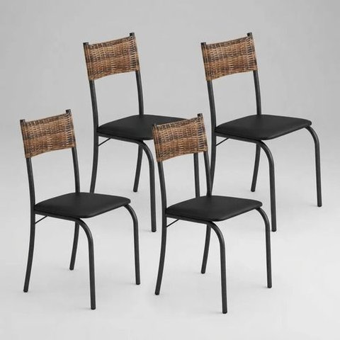 Kit 4 Cadeiras Atlanta Corino Preto e Rattan Carvalho Tubo Martelado