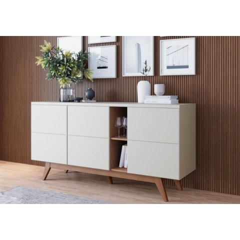 Aparador Buffet com 3 Portas e 2 Nichos Retrô 160cm Multimóveis Crcol-APA009 Off White/Madeirado