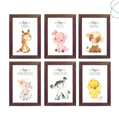 Kit 6 Quadros Decorativos Moldura e Vidro Animais da Fazenda:tabaco