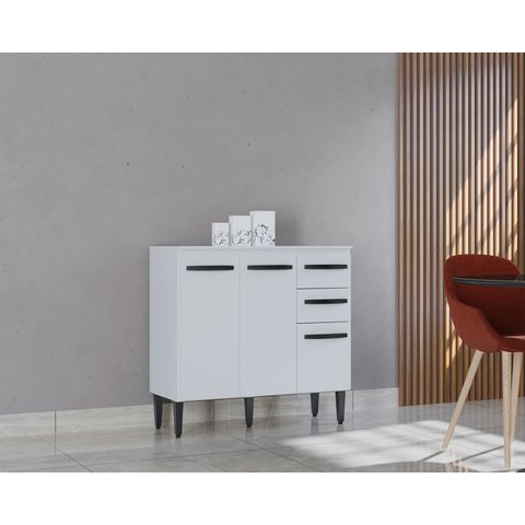 Balcão 3 Portas e 2 Gavetas Cozinha Armário Compacto 90cm Isadora - Branco