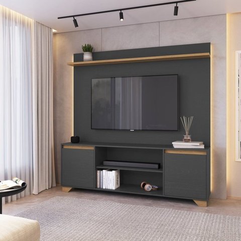 Conjunto Sala de Estar Rack 2 Portas com Painel para TV até 42 Polegadas 181CMX135CM Benevello Cinza