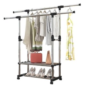 Arara Dupla Inox Sapateira Cabideiro 2 Prateleiras Extensivel Organizador Roupa com Rodinhas Guarda