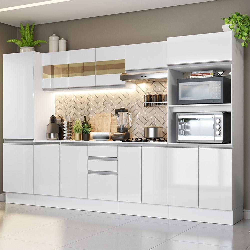 Cozinha Completa 100% Mdf Madesa Smart 300 Cm com Armário, Balcão e Tampo - Frentes Branco Brilho