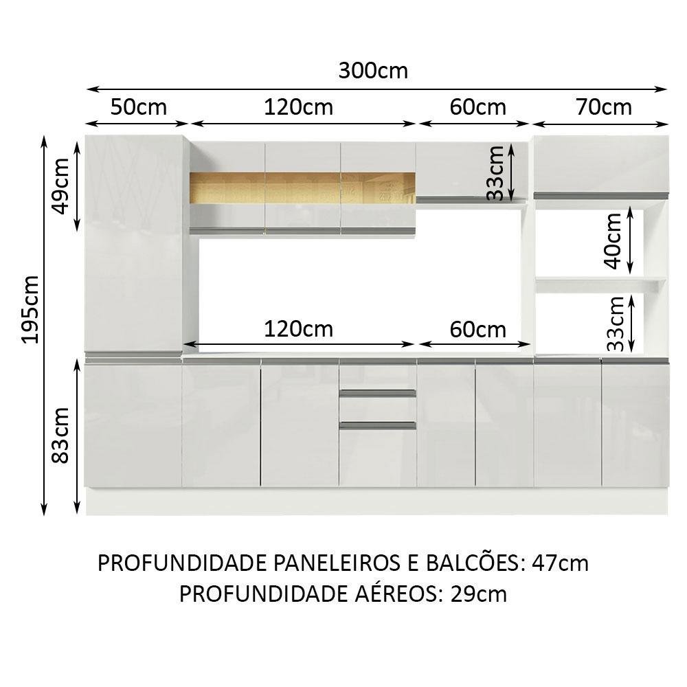 Armário de Cozinha Completa 100% MDF 300 cm Frentes Branco Brilho Smart Madesa 01 - 4