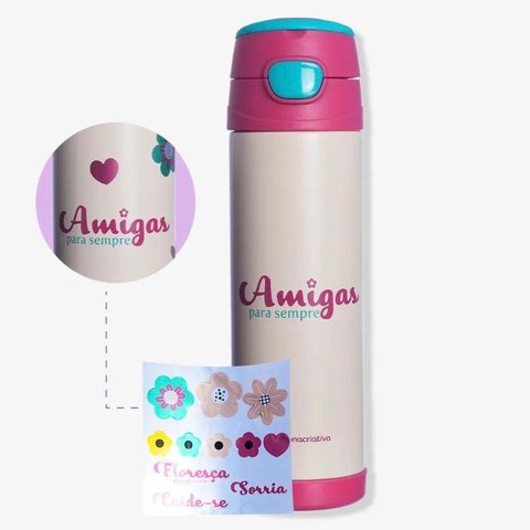 Garrafa Térmica Top Handle com Adesivos Amigas Floral 500ml Zonacriativa