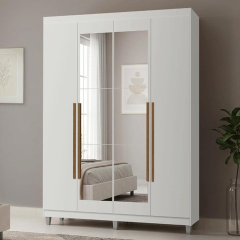 Guarda-Roupa Solteiro com Pés 4 Portas Batentes com Espelho Branco/Branco/Rustic Netuno Madesa