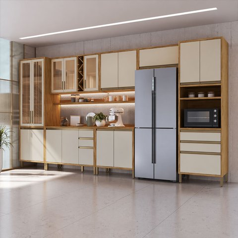 Armário de Cozinha Completa Modulada 7 Peças 17 Portas com Vidro e Tampo 100% MDF Barbados Espresso Móveis Bege/Amêndoa/Off White