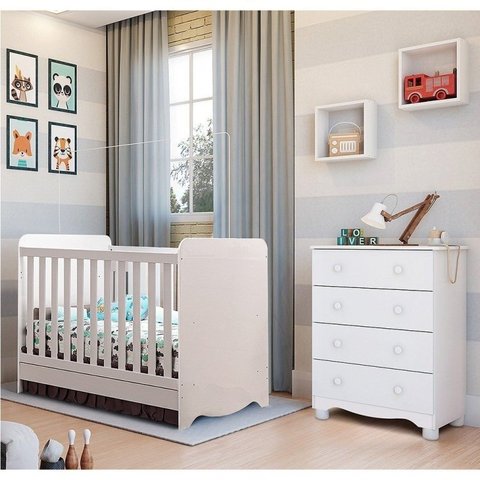 Quarto de Bebê com Cômoda 4 Gavetas e Berço Mini Cama 3 em 1 Cambalhota Espresso Móveis Branco/Brilho