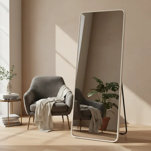 Espelho Retangular Grande Moldura em Metal Off White Corpo Inteiro 170x70cm Suporte de Chão