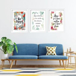 Kit 3 Quadros Grandes Be Happy 60x48cm:moldura Preta - 2
