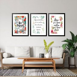 Kit 3 Quadros Grandes Be Happy 60x48cm:moldura Preta - 1