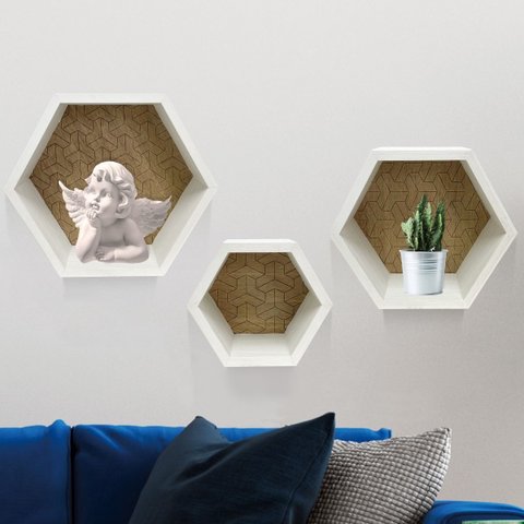 Kit c/ 3 Nichos Hexagonal Decorativos Mosaico Kit Hex Mosaico:Preto