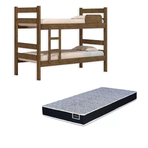 Kit Beliche de Solteiro Marrom com Escada Madeira Reforçada 100% Mdf + 1 Colchão de Espuma D28 Solte