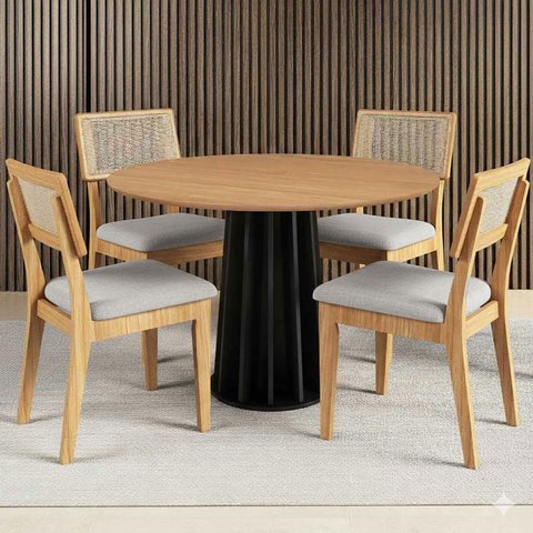 Mesa Jantar Redonda 105cm com 4 Cadeiras Estofadas 100% Mdf Cor:freijó com Preto Fosco e Linho