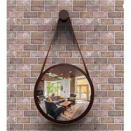 Espelho Redondo 60cm Decorativo Adnet Com Alça De Couro - PRETO/CARAMELO - 2