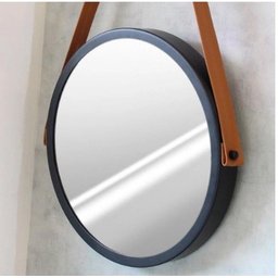 Espelho Redondo 60cm Decorativo Adnet Com Alça De Couro - PRETO/CARAMELO - 6