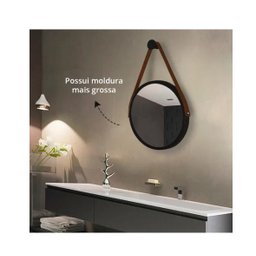 Espelho Redondo 60cm Decorativo Adnet Com Alça De Couro - PRETO/CARAMELO - 5
