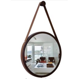 Espelho Redondo 60cm Decorativo Adnet Com Alça De Couro - PRETO/CARAMELO - 1