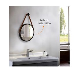 Espelho Redondo 60cm Decorativo Adnet Com Alça De Couro - PRETO/CARAMELO - 7