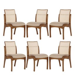 Kit 6 Cadeiras para Mesa de Jantar Lisboa com Encosto em Tela Madeira Maciça Linho Bege M58 Rmi - 1
