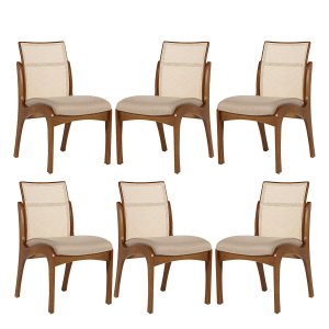 Kit 6 Cadeiras para Mesa de Jantar Lisboa com Encosto em Tela Madeira Maciça Linho Bege M58 Rmi