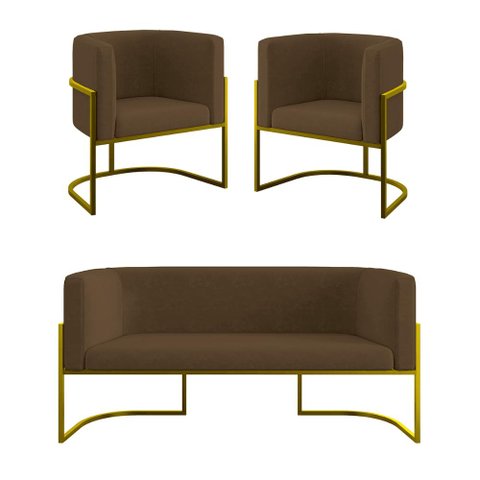 Kit 2 Poltronas + Sofá 2 Lugares Base de Metal Gold Balaqui