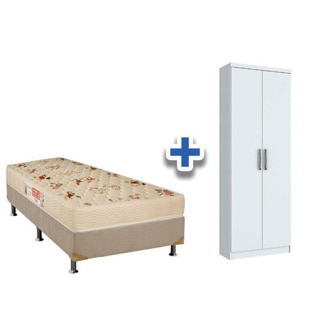 Cama Box Solteiro CRC + D33 Comfortpedic + Armário Multiuso Margarida Branco