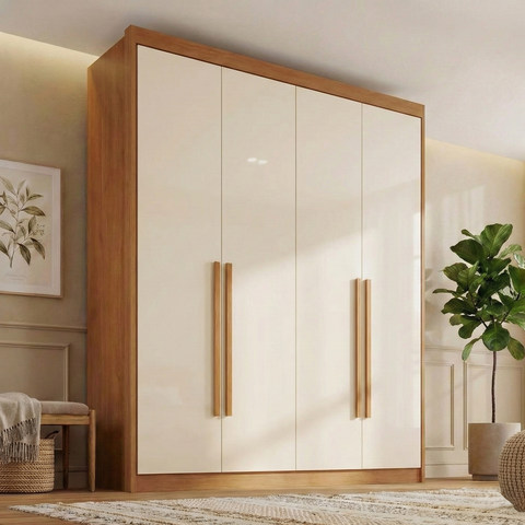 Guarda Roupa Casal 100% MDF 4 Portas e 4 Gavetas Bergamo Cinamomo/Off White