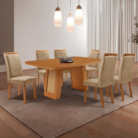 Mesa de Jantar Carolina 180cm Tampo MDF Canto Copo Laminado com 6 Cadeiras Lorena