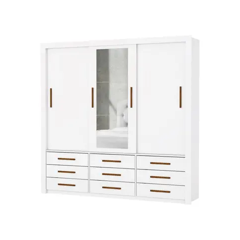 Armareo Roupeiro Anjos 3 Portas C/espelho Central 9 Gavetas S/pe Carioca Moveis Branco