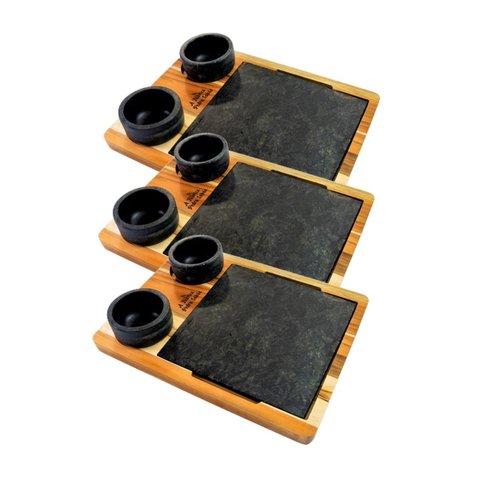 Kit 3 Tábua 06 Molheiras em Pedra Sabão e Suporte G 25x25cm Industria São Jose AF148X3INDSJ