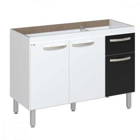 Balcão Flat de Cozinha para Pia 3 Portas 1 Gaveta Rorato Branco com Preto