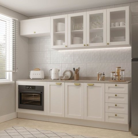 Cozinha Modulada 6 Peças com Tampo, Portas de Vidro e Balcão para Forno CabeCasa MadeiraOriginals Branco