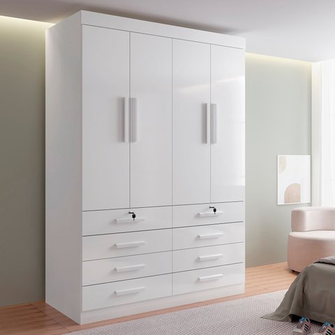 Guarda Roupa Solteiro 4 Portas 8 Gavetas Marselha Plus Branco