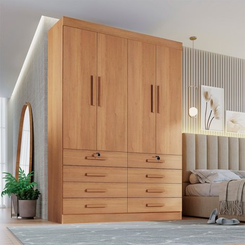 Guarda Roupa Solteiro MDF 4 Portas 8 Gavetas Marselha Plus Marrom/Cinamomo