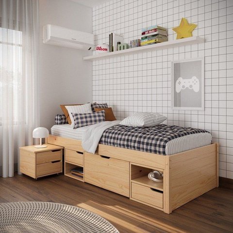 Cama Solteiro com 3 Gavetas e 1 Mesa de Cabeceira Charme Natural Pine