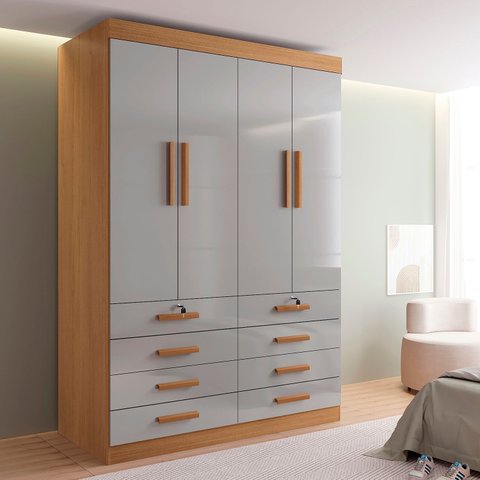 Guarda Roupa Solteiro MDF 4 Portas 8 Gavetas Marselha Plus Marrom/Cinamomo/Off White