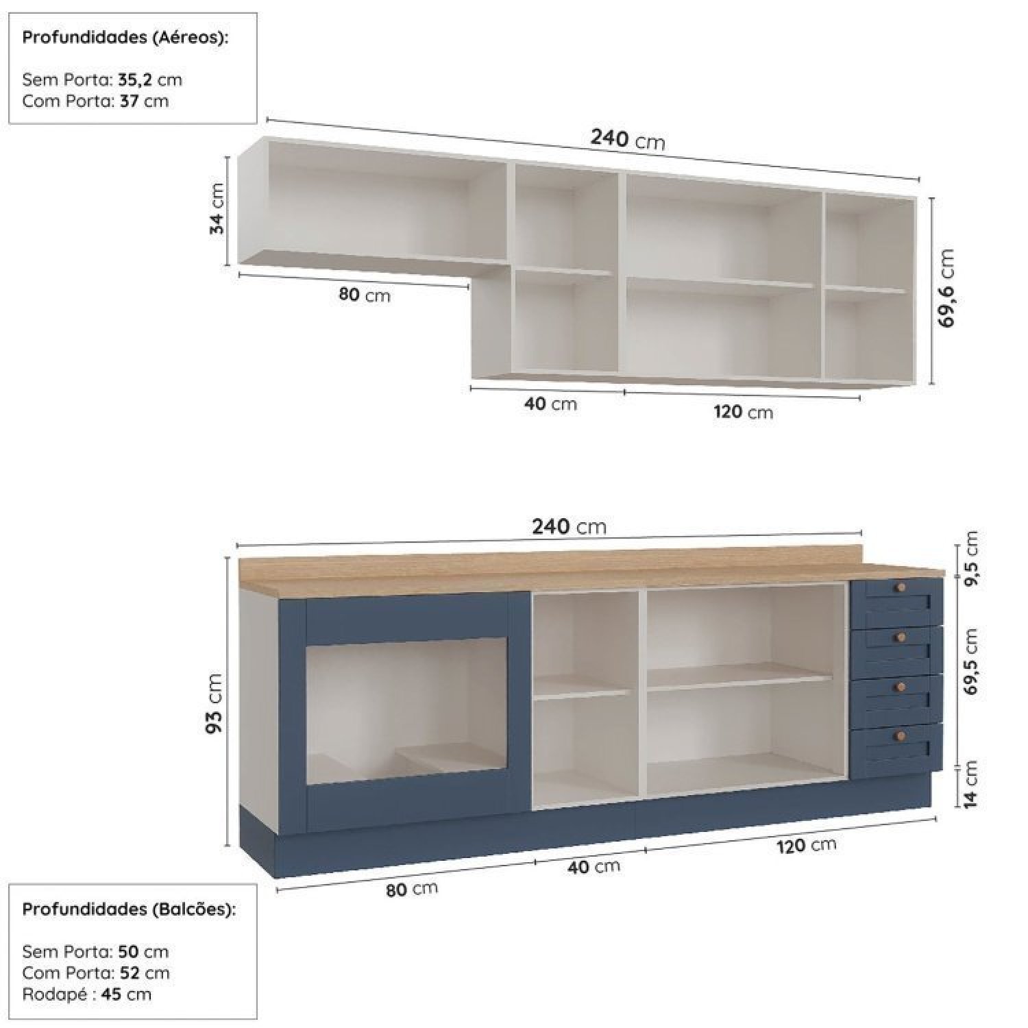 Cozinha Modulada 6 Peças com Tampo, Portas de Vidro e Balcão de Embutir Cabecasa Madeiramadeira - 2