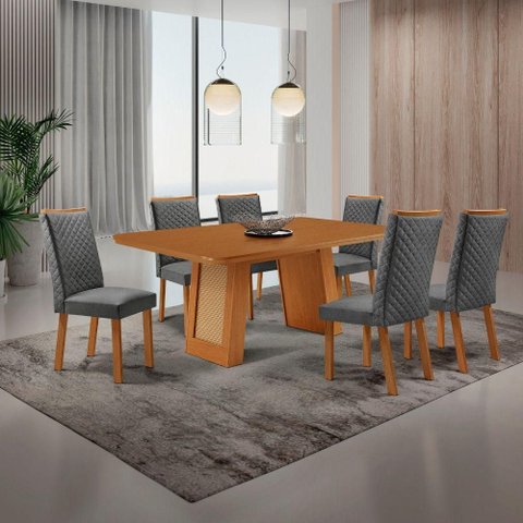 Mesa de Jantar Carolina 6 Lugares MDF Cadeiras Lira Linho Grafite 180cm Moderna