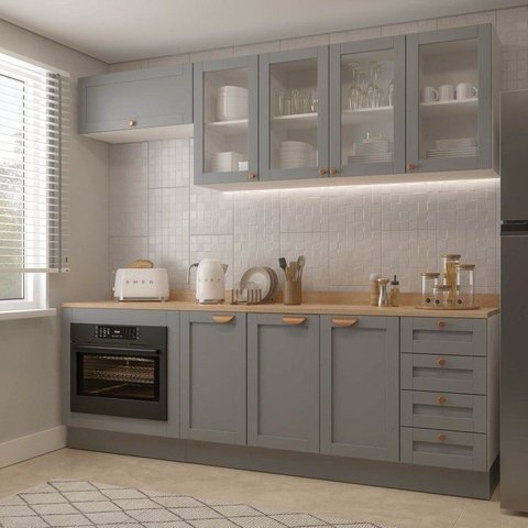 Cozinha Modulada 6 Peças 1 Tampo, Portas de Vidro e Balcão Arizona CabeCasa MadeiraOriginals Cinza/B