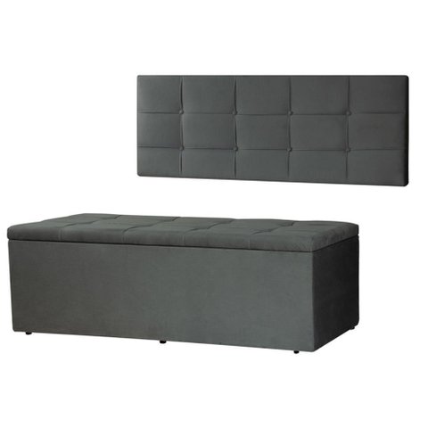 Kit Cabeceira Painel e Calçadeira Baú Casal Queen 1,60m Roma Suede Cinza Dal Poz Estofados