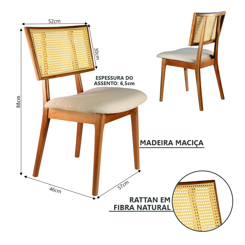 Conjunto Mesa Cristal 1800x900cm com 6 cadeiras Madeira Maciça com Rattan Natural e Estofada Livia  - 4