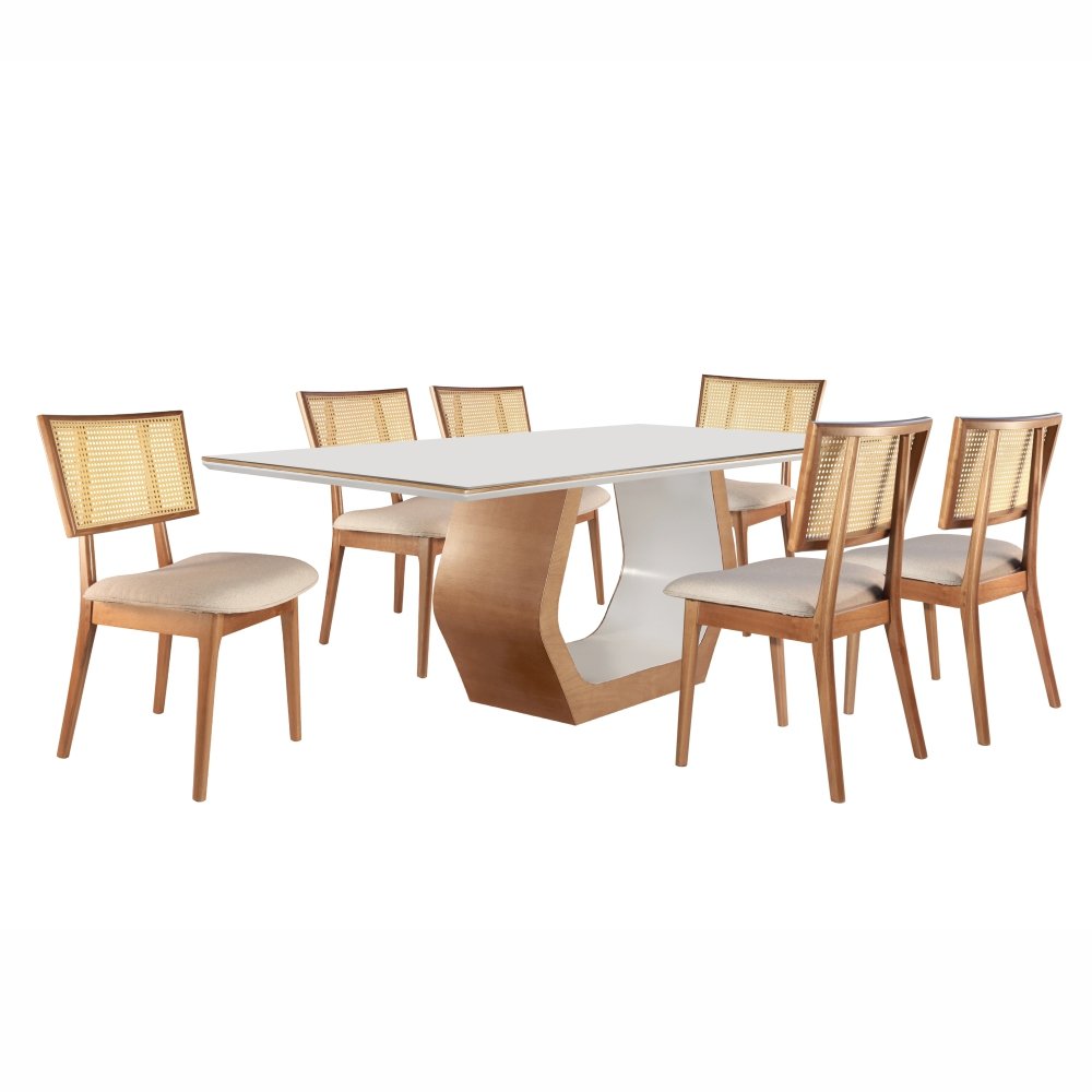 Conjunto Mesa Cristal 1800x900cm com 6 cadeiras Madeira Maciça com Rattan Natural e Estofada Livia  - 2