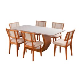 Conjunto Mesa Cristal com 6 cadeiras de Madeira Maciça, Rattan de Fibra 100% Natural e Estofada Livia Authentic - 4